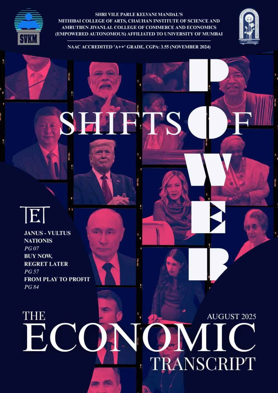 "Cover of The Economic Transcript, August 2025 edition, with headlines on political shifts, global refugee policies, ocean protection, Indian elections, and South Korea’s cultural economy."