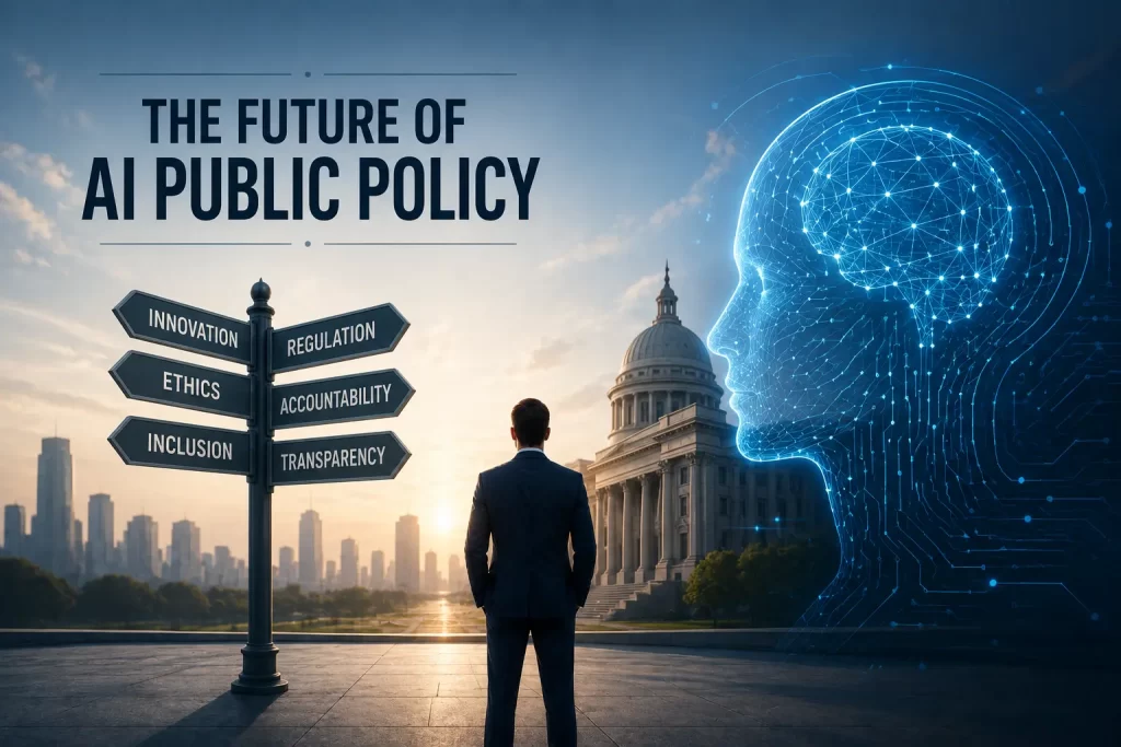 The future of AI public policy, showing a government building, a glowing artificial intelligence head, and signposts representing innovation, regulation, ethics, accountability, inclusion, and transparency.