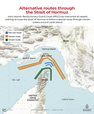 Iran and Oman have each set up temporary corridors through their territorial waters as ships avoid the old pre-war route. Source: Al Jazeera / AJLabs
